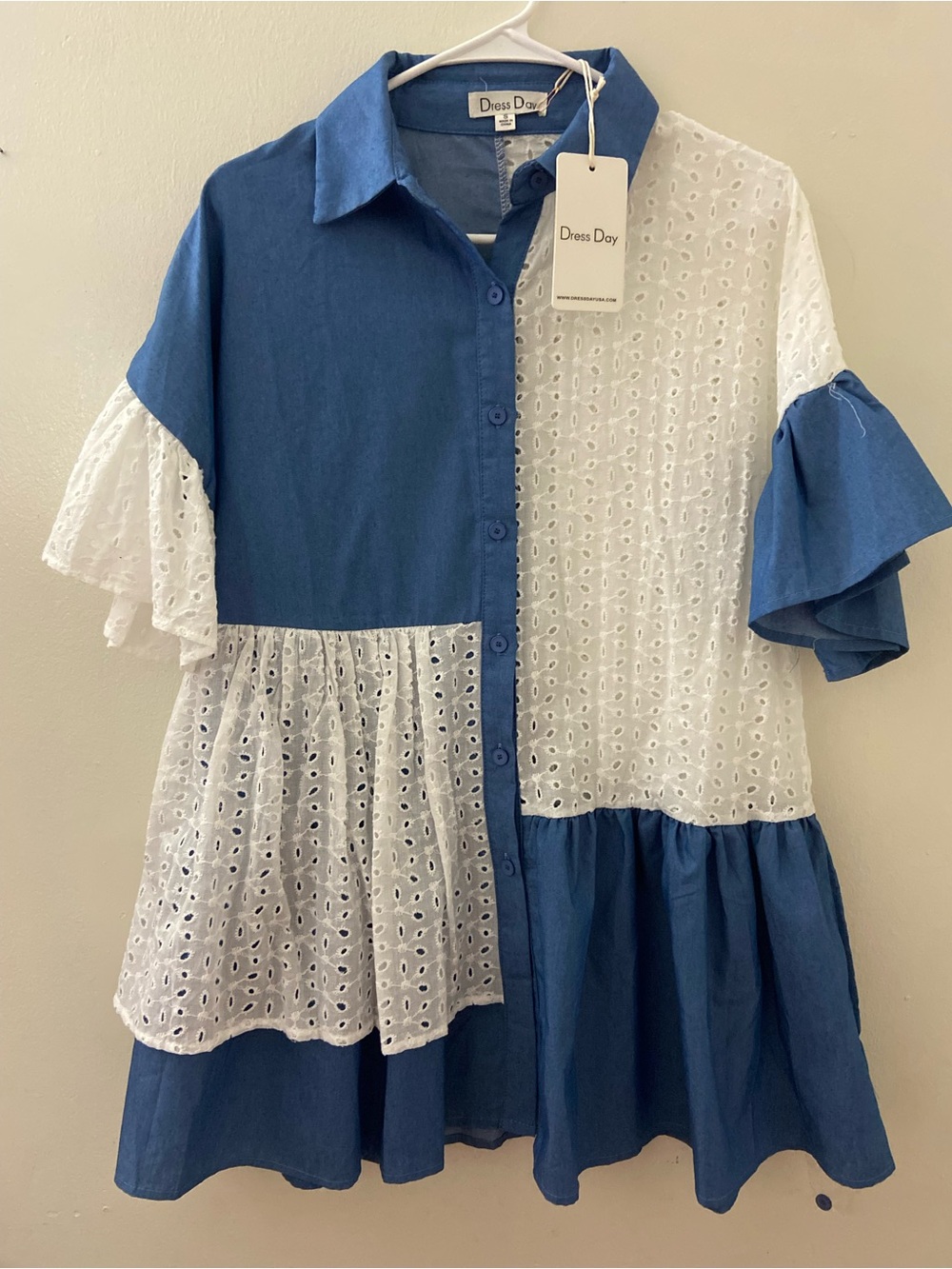 Dress Day Blue & White Eyelet Panel Ruffle Shirt Dress for Girls